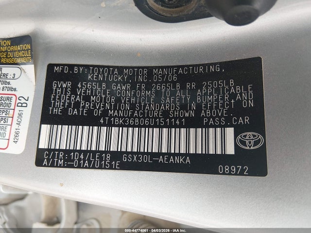 44774061 :رقم المزاد ، 4T1BK36B06U151141 vin ، 2006 Toyota Avalon Touring مزاد بيع