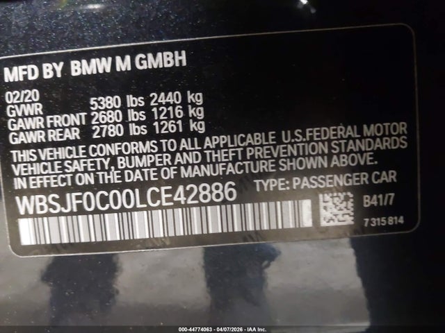 44774063 :رقم المزاد ، WBSJF0C00LCE42886 vin ، 2020 Bmw M5 Competition مزاد بيع