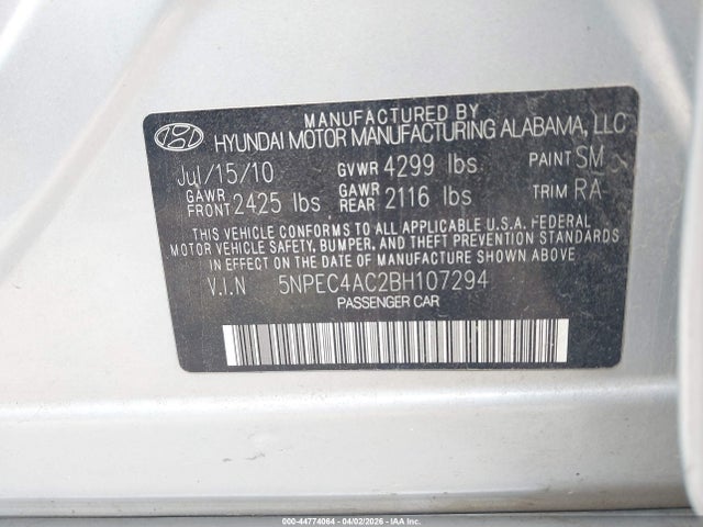 44774064 :رقم المزاد ، 5NPEC4AC2BH107294 vin ، 2011 Hyundai Sonata Se مزاد بيع