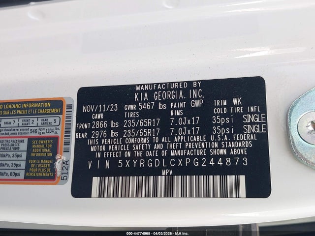 Продажа на аукционе авто 2023 Kia Sorento Lx, vin: 5XYRGDLCXPG244873, номер лота: 44774065