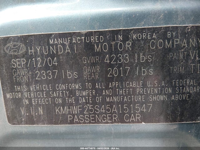 Продаж на аукціоні авто 2005 Hyundai Sonata Gl, vin: KMHWF25S45A151547, номер лоту: 44774075