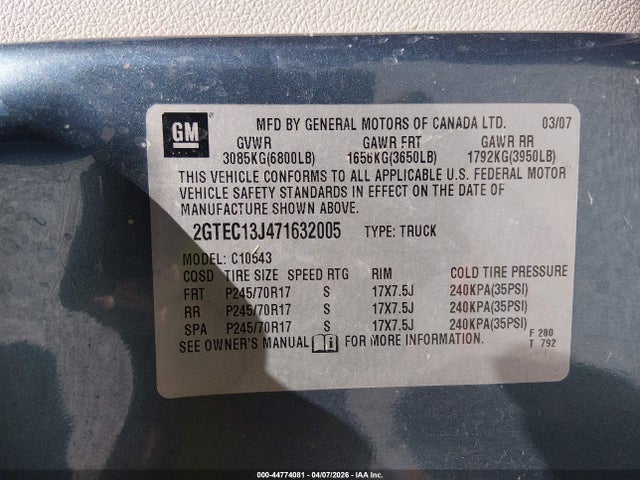 44774081 :رقم المزاد ، 2GTEC13J471632005 vin ، 2007 Gmc Sierra 1500 Slt مزاد بيع