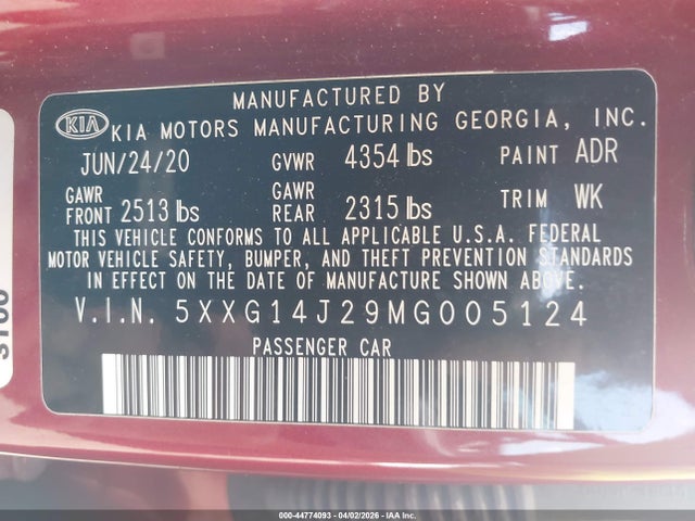 Продаж на аукціоні авто 2021 Kia K5 Lxs, vin: 5XXG14J29MG005124, номер лоту: 44774093