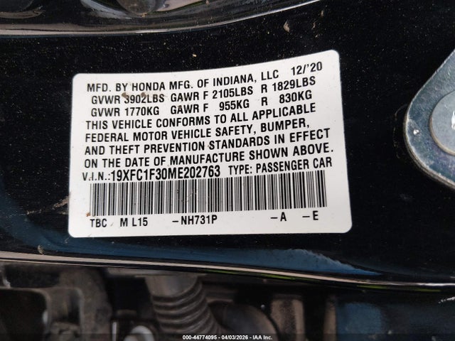 Aukcja sprzedaży 2021 Honda Civic Ex, vin: 19XFC1F30ME202763, numer aukcji: 44774095