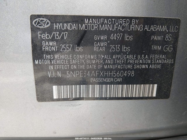 2017 Hyundai Sonata Limited მანქანა იყიდება აუქციონზე, vin: 5NPE34AFXHH560498, აუქციონის ნომერი: 44774111