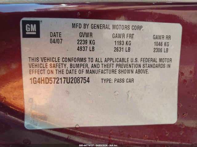 44774127 :رقم المزاد ، 1G4HD57217U208754 vin ، 2007 Buick Lucerne Cxl مزاد بيع