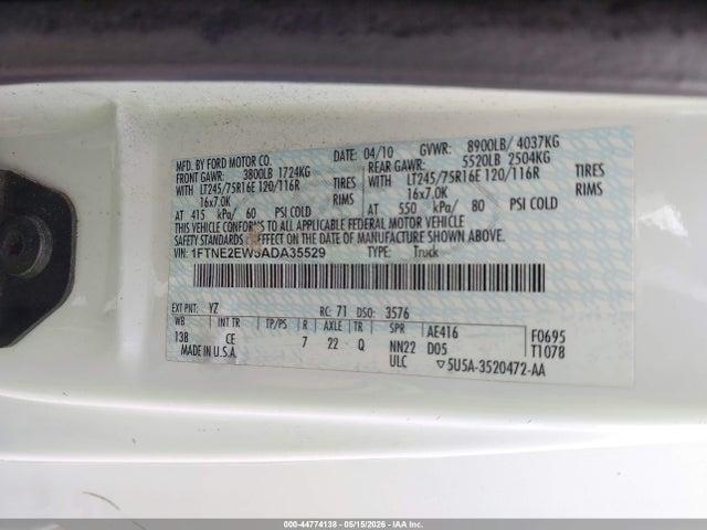 44774138 :رقم المزاد ، 1FTNE2EW5ADA35529 vin ، 2010 Ford E-250 Commercial/recreational مزاد بيع