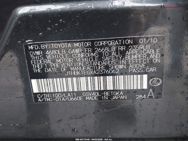 44774145 :رقم المزاد ، JTHBK1EGXA2376062 vin ، 2010 Lexus Es 350 مزاد بيع