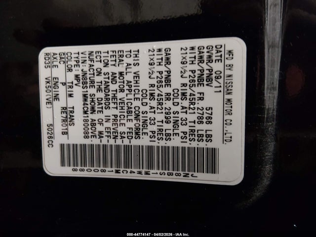 Продажа на аукционе авто 2012 Infiniti Fx50, vin: JN8BS1MW4CM180088, номер лота: 44774147