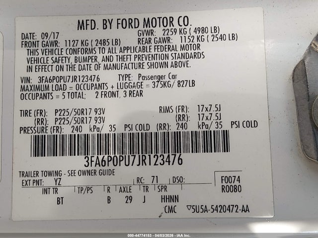 Aukcja sprzedaży 2018 Ford Fusion Energi Se Luxury, vin: 3FA6P0PU7JR123476, numer aukcji: 44774153