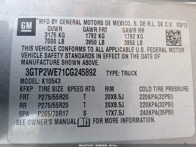 Aukcja sprzedaży 2012 Gmc Sierra 1500 Slt, vin: 3GTP2WE71CG245892, numer aukcji: 44774167