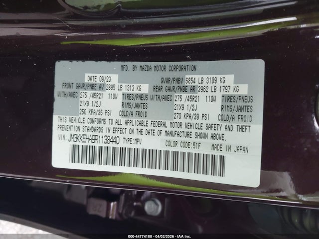 44774188 :رقم المزاد ، JM3KKEHA9R1138440 vin ، 2024 Mazda Cx-90 Phev Premium Plus مزاد بيع