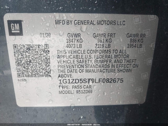 Aukcja sprzedaży 2020 Chevrolet Malibu Fwd Lt, vin: 1G1ZD5ST9LF082675, numer aukcji: 44774191