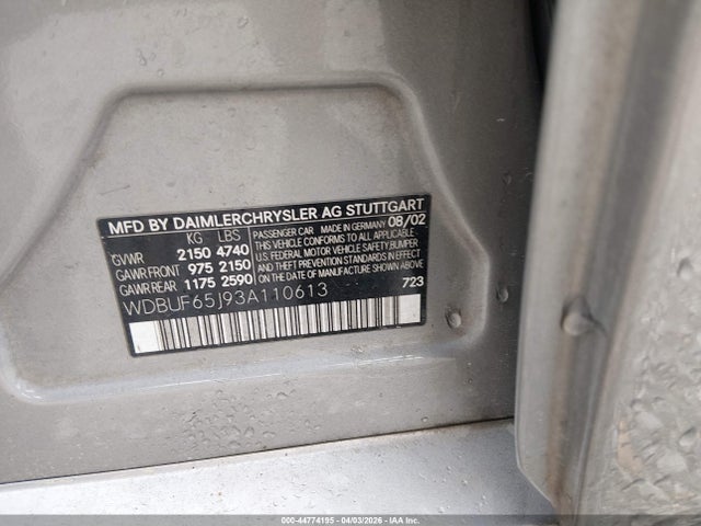 Продаж на аукціоні авто 2003 Mercedes-benz E 320, vin: WDBUF65J93A110613, номер лоту: 44774195