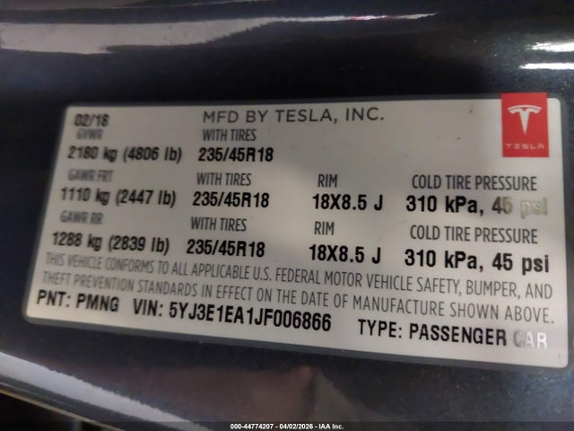 2018 Tesla Model 3 Long Range/mid Range მანქანა იყიდება აუქციონზე, vin: 5YJ3E1EA1JF006866, აუქციონის ნომერი: 44774207