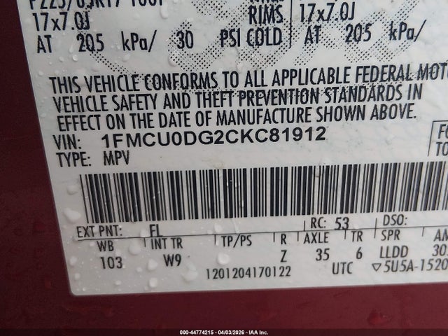 2012 Ford Escape Xlt მანქანა იყიდება აუქციონზე, vin: 1FMCU0DG2CKC81912, აუქციონის ნომერი: 44774215