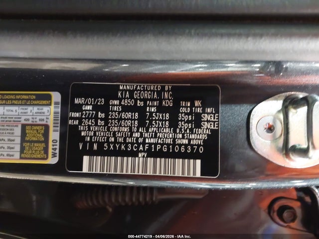 44774219 :رقم المزاد ، 5XYK3CAF1PG106370 vin ، 2023 Kia Sportage Ex مزاد بيع