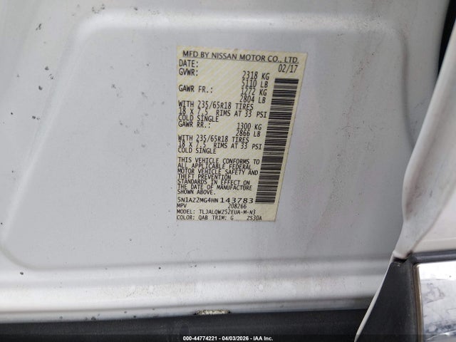 2017 Nissan Murano Sv მანქანა იყიდება აუქციონზე, vin: 5N1AZ2MG4HN143783, აუქციონის ნომერი: 44774221