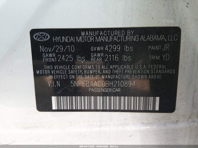 Продажа на аукционе авто 2011 Hyundai Sonata Gls, vin: 5NPEB4AC0BH210894, номер лота: 44774225