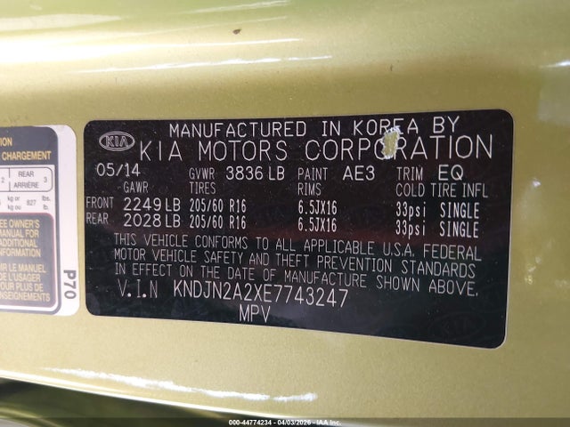 2014 Kia Soul მანქანა იყიდება აუქციონზე, vin: KNDJN2A2XE7743247, აუქციონის ნომერი: 44774234