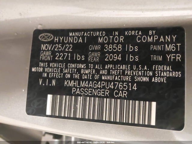 44774239 :رقم المزاد ، KMHLM4AG4PU476514 vin ، 2023 Hyundai Elantra Sel مزاد بيع