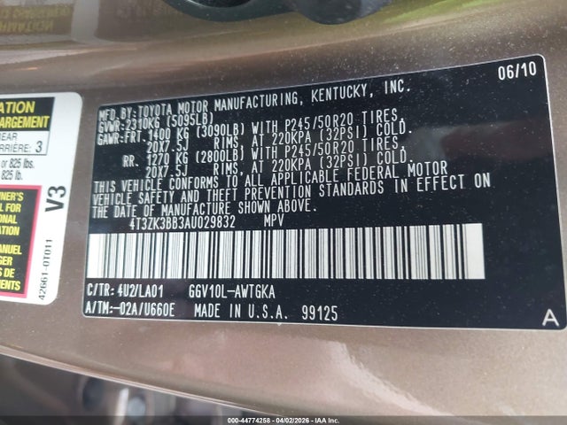 44774258 :رقم المزاد ، 4T3ZK3BB3AU029832 vin ، 2010 Toyota Venza Base V6 مزاد بيع