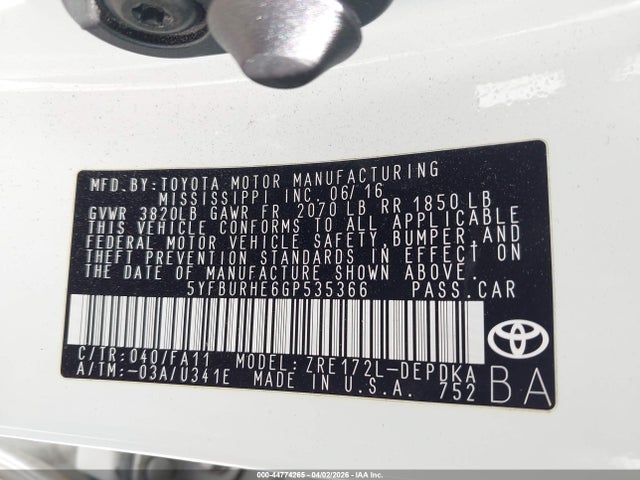 5YFBURHE6GP535366 Toyota COROLLA L