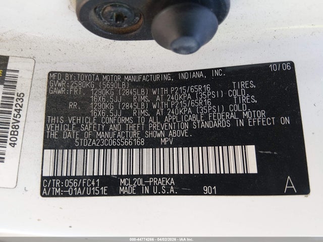 Aukcja sprzedaży 2006 Toyota Sienna Le, vin: 5TDZA23C06S566168, numer aukcji: 44774266