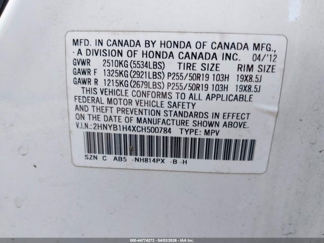 Aukcja sprzedaży 2012 Acura Zdx, vin: 2HNYB1H4XCH500784, numer aukcji: 44774272