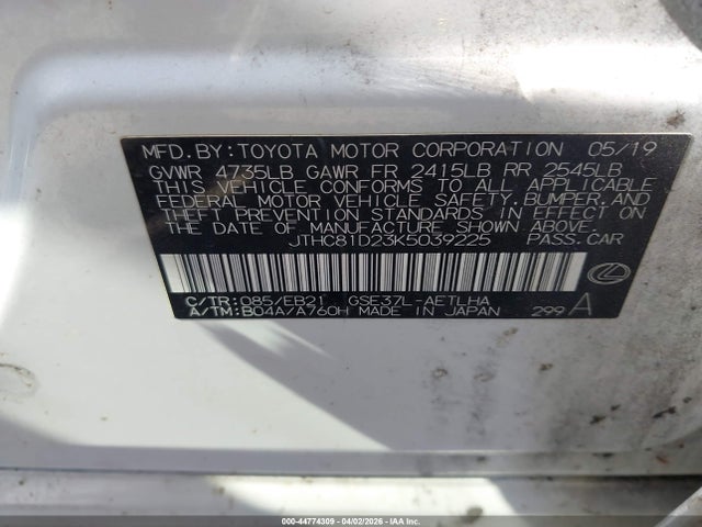 44774309 :رقم المزاد ، JTHC81D23K5039225 vin ، 2019 Lexus Is 300 مزاد بيع