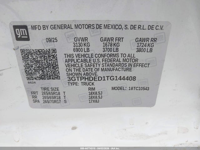 Продаж на аукціоні авто 2026 Gmc Sierra 1500 , Short Bed, Slt, Rwd, vin: 3GTPHDED1TG144408, номер лоту: 44774315