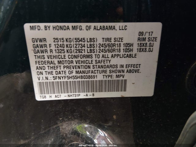 5FNYF5H55HB038691 Honda Pilot Ex-l