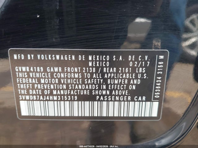 Продажа на аукционе авто 2017 Volkswagen Jetta 1.4t Se, vin: 3VWDB7AJ4HM315319, номер лота: 44774329