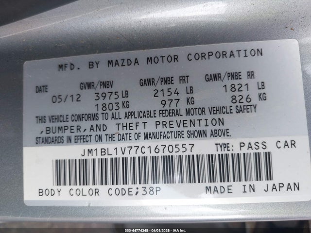 Aukcja sprzedaży 2012 Mazda Mazda3 I Touring, vin: JM1BL1V77C1670557, numer aukcji: 44774349