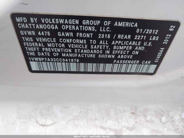 44774371 :رقم المزاد ، 1VWBP7A32CC041879 vin ، 2012 Volkswagen Passat 2.5l Se مزاد بيع