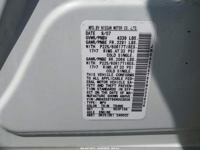 Auction sale of the 2008 Nissan Rogue Sl, vin: JN8AS58T68W003606, lot number: 44774374
