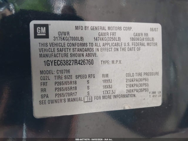 Продажа на аукционе авто 2007 Cadillac Escalade Standard, vin: 1GYEC63827R426760, номер лота: 44774376