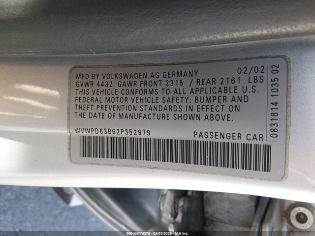 Продаж на аукціоні авто 2002 Volkswagen Passat Gls, vin: WVWPD63B62P352979, номер лоту: 44774375