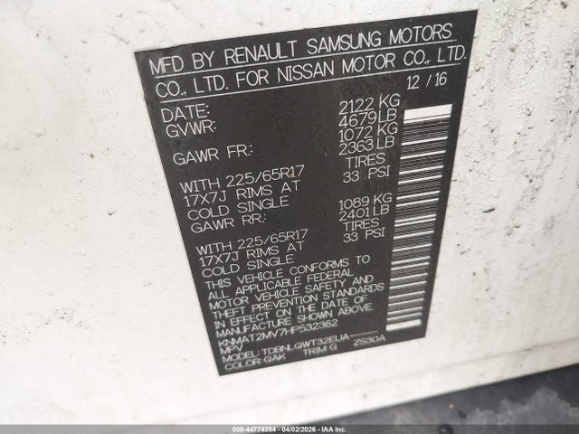 44774384 :رقم المزاد ، KNMAT2MV7HP532362 vin ، 2017 Nissan Rogue Sv مزاد بيع