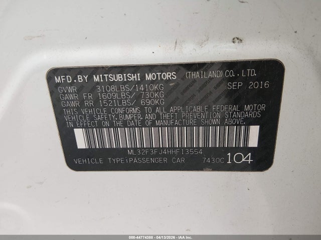 Aukcja sprzedaży 2017 Mitsubishi Mirage G4 Es, vin: ML32F3FJ4HHF13554, numer aukcji: 44774388