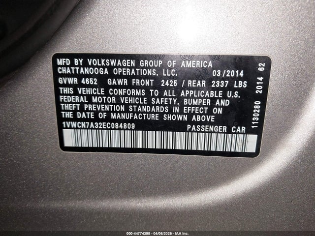 Aukcja sprzedaży 2014 Volkswagen Passat 2.0l Tdi Sel Premium, vin: 1VWCN7A32EC084809, numer aukcji: 44774398