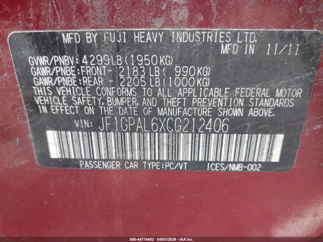 Продаж на аукціоні авто 2012 Subaru Impreza 2.0i Sport Premium, vin: JF1GPAL6XCG212406, номер лоту: 44774402