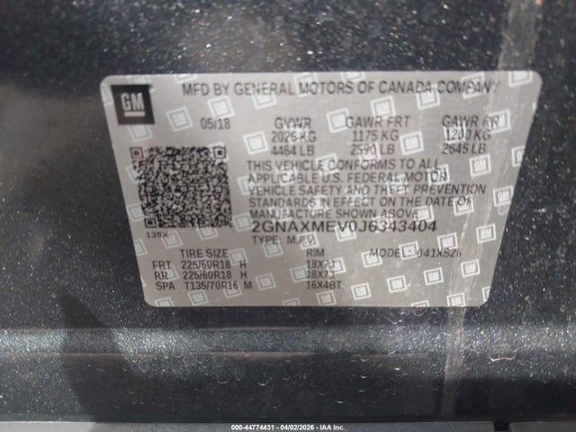 Продаж на аукціоні авто 2018 Chevrolet Equinox Premier, vin: 2GNAXMEV0J6343404, номер лоту: 44774431