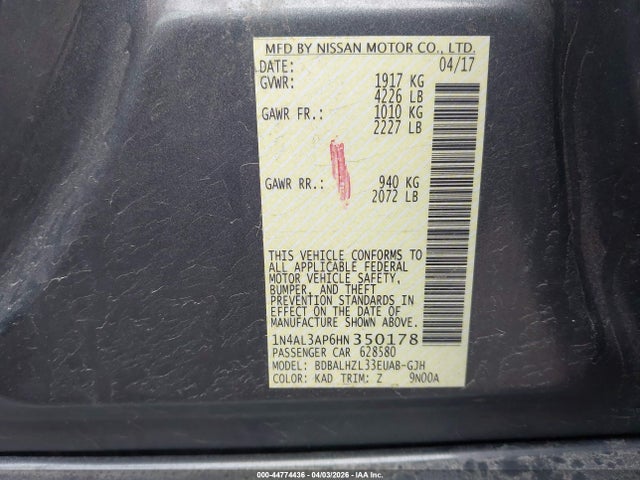 Продажа на аукционе авто 2017 Nissan Altima 2.5 Sr, vin: 1N4AL3AP6HN350178, номер лота: 44774436