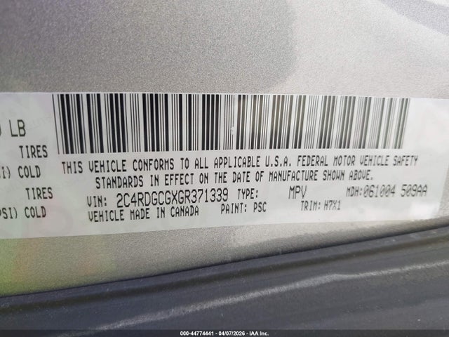 44774441 :رقم المزاد ، 2C4RDGCGXGR371339 vin ، 2016 Dodge Grand Caravan Sxt مزاد بيع