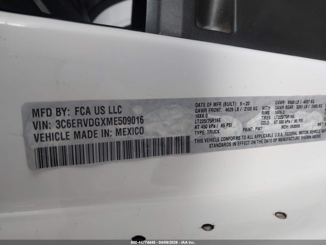 Aukcja sprzedaży 2021 Ram Promaster 2500 High Roof 159 Wb, vin: 3C6ERVDGXME509016, numer aukcji: 44774448