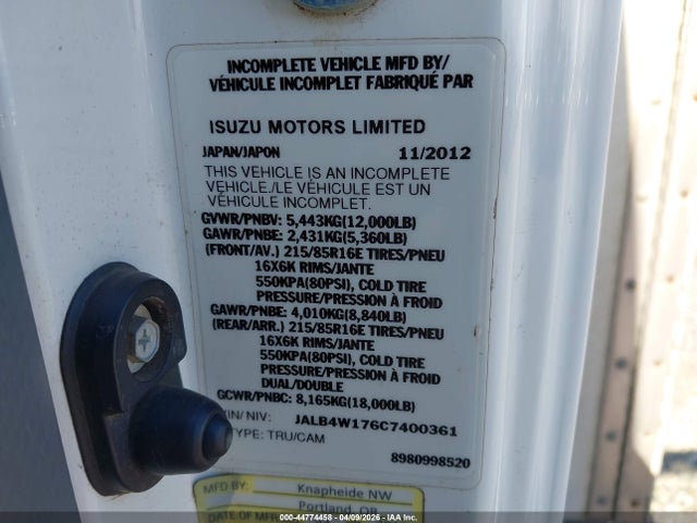 Продажа на аукционе авто 2012 Isuzu Npr Dsl Reg At Eco-max, vin: JALB4W176C7400361, номер лота: 44774458