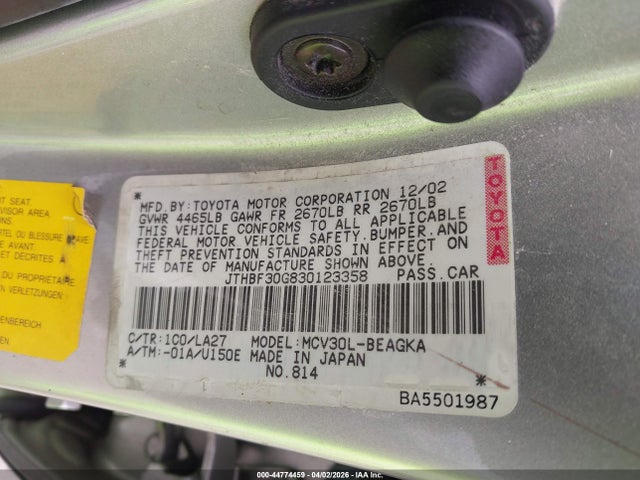 Aukcja sprzedaży 2003 Lexus Es 300, vin: JTHBF30G830123358, numer aukcji: 44774459
