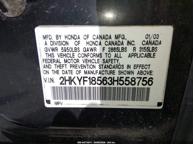 Продаж на аукціоні авто 2003 Honda Pilot Ex-l, vin: 2HKYF18563H558756, номер лоту: 44774471