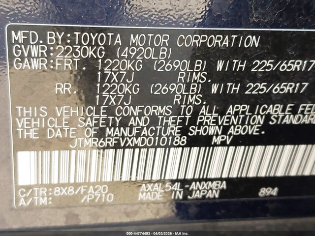 Aukcja sprzedaży 2021 Toyota Rav4 Hybrid Xle, vin: JTMR6RFVXMD010188, numer aukcji: 44774493